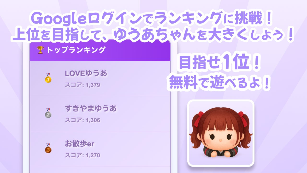 ゆうあどろっぷのランキング画面。1位から3位までの名前とスコア、ゆうあちゃんのキャラクターが表示されている